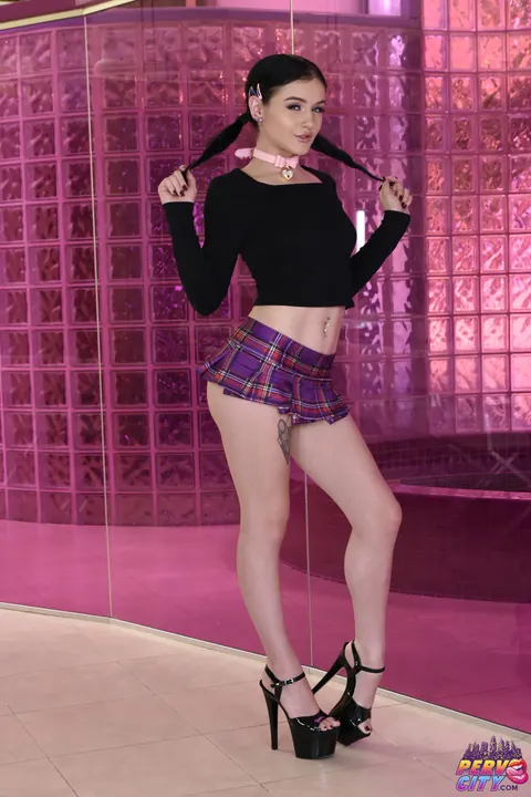Rosalyn Sphinx: Skinny Brunette in Uniform and Heels Tugs Her Pigtails – photo 2 of 12