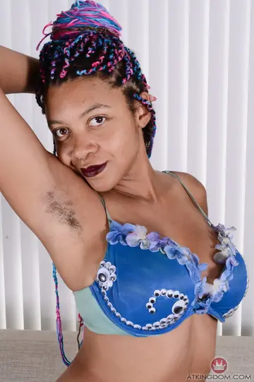 Ebony Brunette with Natural Tits, Hairy Pussy and Tattoos Poses Nude