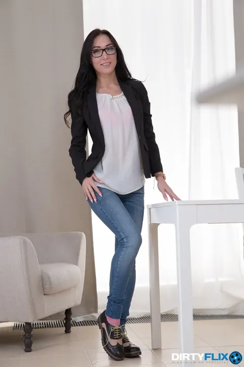 Nika Charming: Slim Russian Brunette in Glasses Strips on the Table for Anal and a Facial – photo 1 of 20