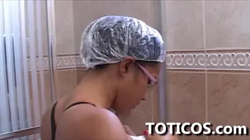Busty Latina in Glasses Fingers Her Shaved Pussy