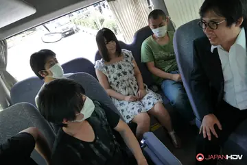 Slim Japanese Redhead Gives Blowjobs and Handjobs on a Public Bus