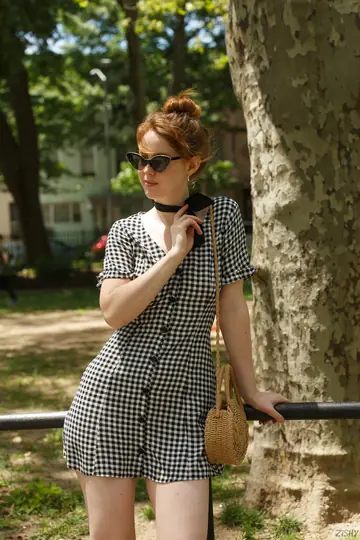 Redhead in Glasses Flashes Her Chest and Ass Outdoors