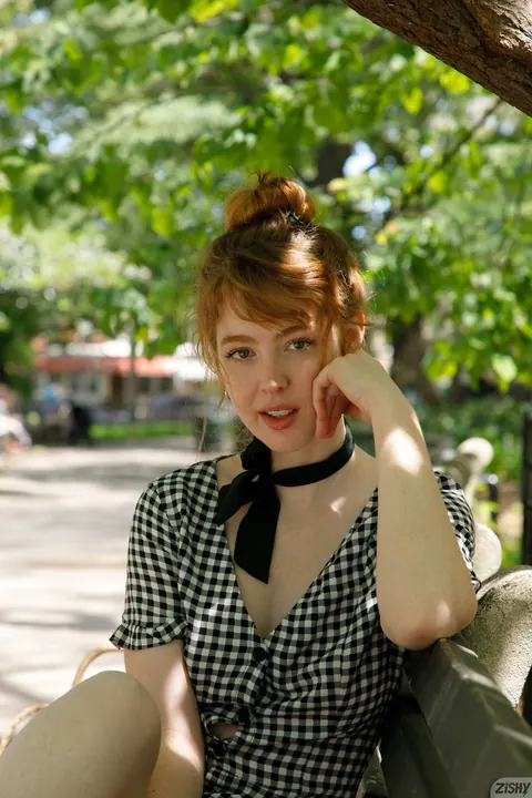 Erna Ohara: Redhead in Glasses Flashes Her Chest and Ass Outdoors – photo 6 of 12