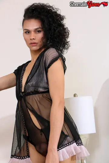 Trans Woman with Small Tits Undresses and Shows Cock