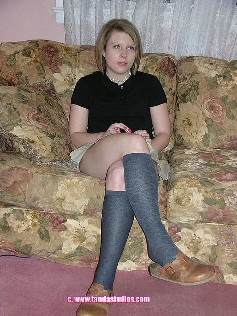 Veronica Snow: Short-Haired Blonde MILF in Socks Strips to Show Her Pierced Pussy – photo 6 of 20