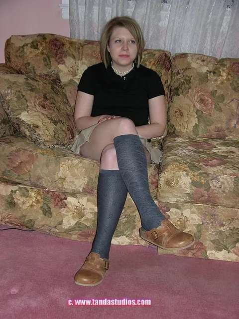 Veronica Snow: Short-Haired Blonde MILF in Socks Strips to Show Her Pierced Pussy – photo 1 of 20