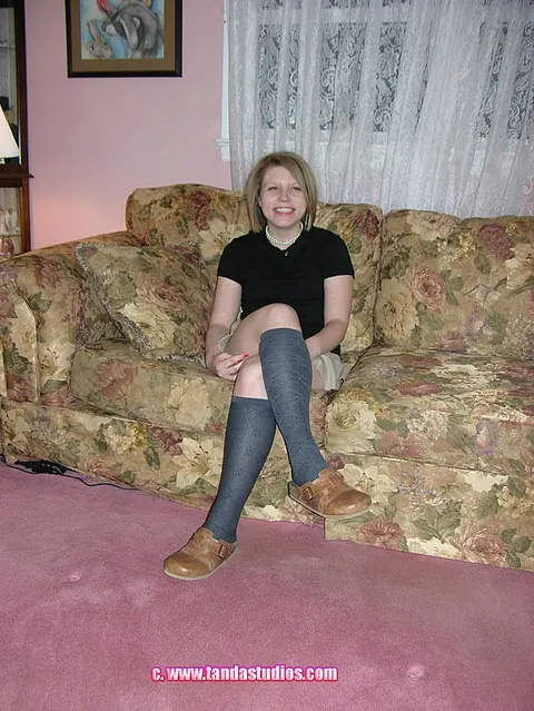 Veronica Snow: Short-Haired Blonde MILF in Socks Strips to Show Her Pierced Pussy – photo 3 of 20