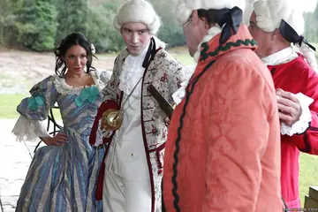 Busty Brunette MILF in Costume Gives a Blowjob and Titjob Before Sex
