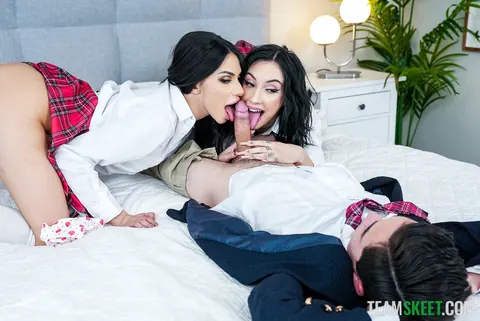 Hime Marie & Jazmin Luv: Two Slim Brunettes Strip Uniforms for a Threesome – photo 13 of 21