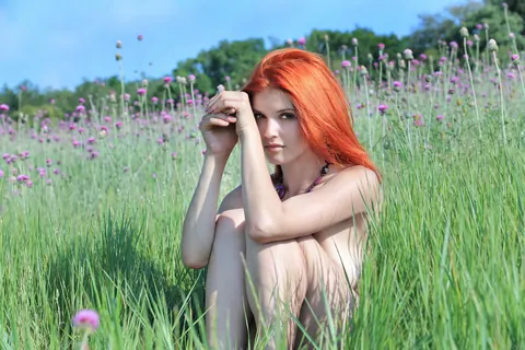 Violla A: Redhead with Natural Tits Spreads Her Pussy in Purple Flowers – photo 11 of 21