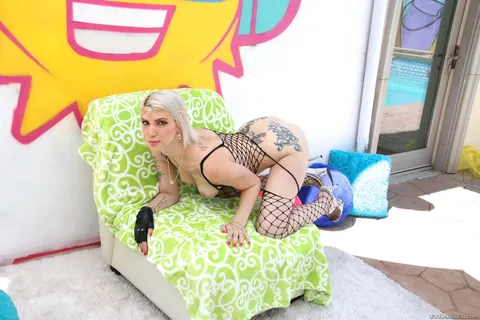 Indigo Augustine: Pale Tattooed Blonde with Big Tits Opens Mesh Bodysuit and Spreads – photo 14 of 19