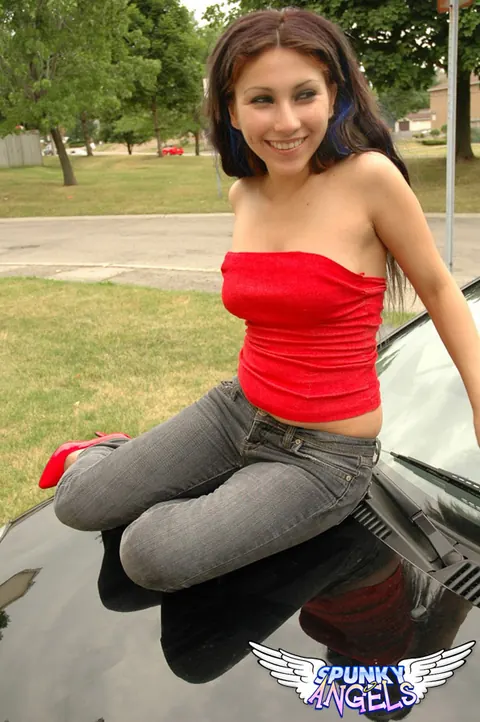 Angel Button: Slim Brazilian Brunette with Natural Tits Spreads Beside a Car – photo 1 of 12