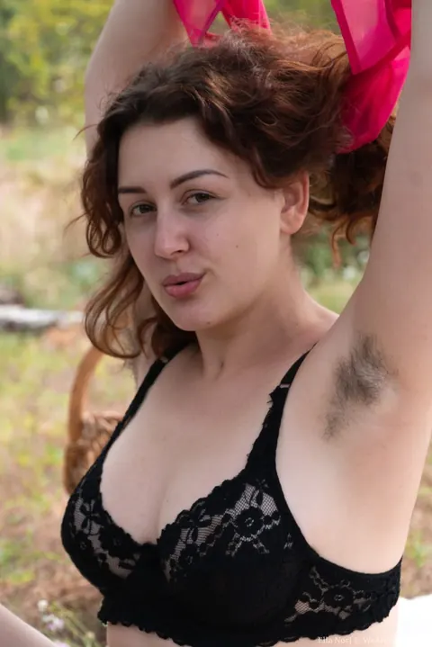 Ella Nori: Busty Redhead in Lingerie Spreads Her Hairy Pussy Outdoors – photo 2 of 16