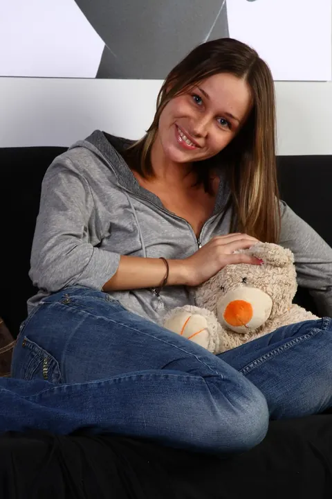 Irina Bruni: Brunette in Jeans Strips and Shows Her Shaved Pussy – photo 12 of 21