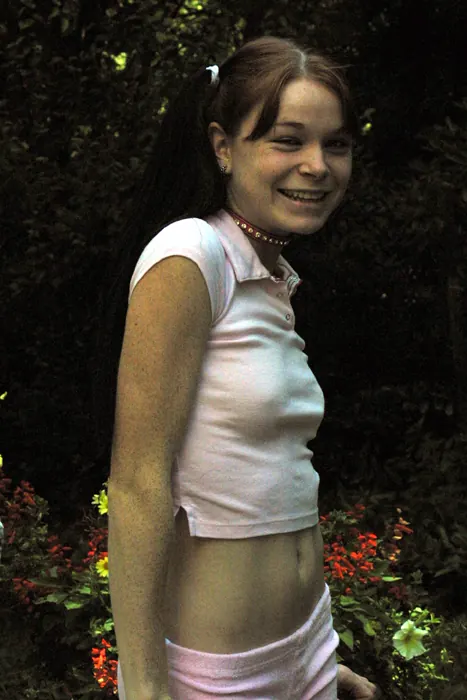 Vicci: Petite Redhead in Pigtails Strips and Spreads Her Shaved Pussy Outdoors – photo 4 of 21