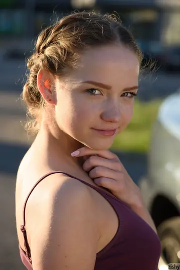European Blonde with Big Tits Pulls Panties Aside in the Car