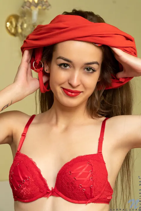 Slim Brunette Strips Out of Her Red Dress and Panties – photo 7 of 16