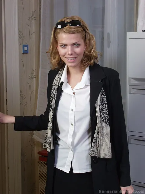 Katalin Kiraly: Thick Blonde MILF Secretary in Stockings Uses a Dildo at Her Desk – photo 1 of 15