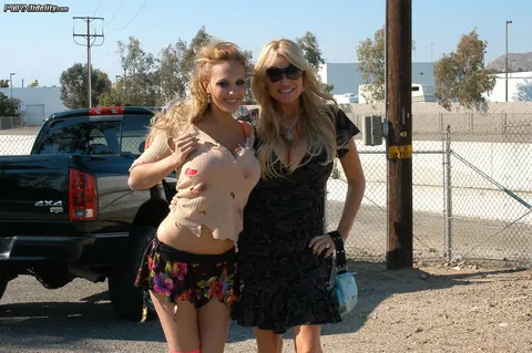 Raeleen: Blonde MILF in Fishnets and Bikini Has Outdoor Group Sex by a Car – photo 15 of 17