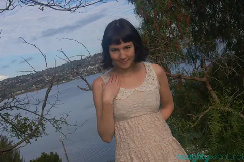 Coral Aorta: Pale Skinny Brunette with Hairy Pussy Fingers Herself Outdoors – photo 3 of 21