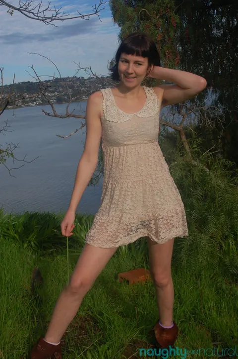 Coral Aorta: Pale Skinny Brunette with Hairy Pussy Fingers Herself Outdoors – photo 5 of 21