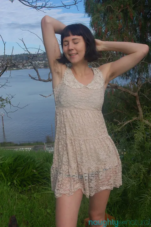 Coral Aorta: Pale Skinny Brunette with Hairy Pussy Fingers Herself Outdoors – photo 4 of 21
