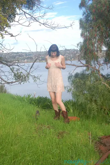 Pale Skinny Brunette with Hairy Pussy Fingers Herself Outdoors