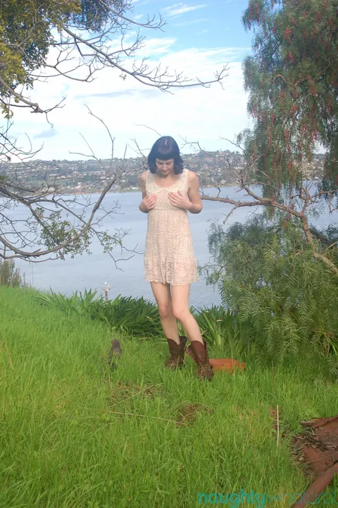 Coral Aorta: Pale Skinny Brunette with Hairy Pussy Fingers Herself Outdoors – photo 1 of 21