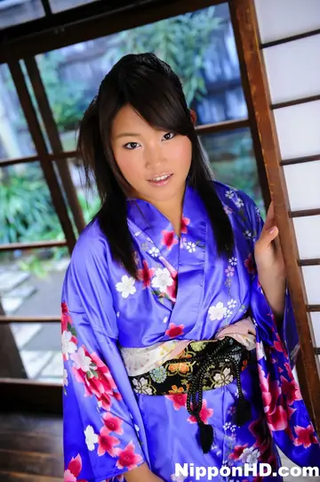 Japanese Brunette Opens Her Kimono and Stands Nude