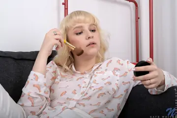European Blonde Stands Nude and Shows Her Shaved Pussy
