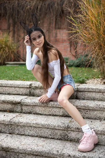 Skinny Russian Brunette Strips and Spreads on the Garden Steps in Socks