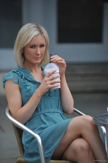 Busty British Blonde in a Skirt and Heels Flashes Panties Then Goes Topless