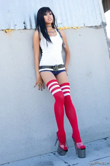 Asian Brunette Fingers Her Shaved Pussy in Heels and Socks
