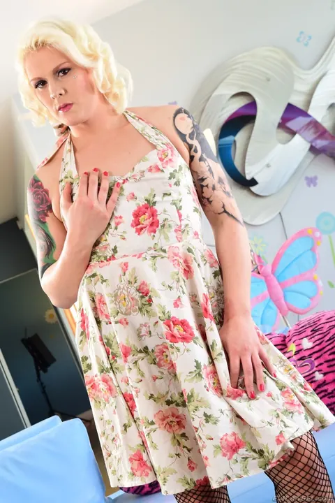 Blonde Trans MILF in a Dress and Panties Shows Her Small Tits and Erection – photo 3 of 17