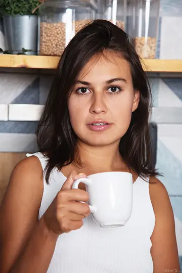 Petite Brunette with Short Hair Spreads in the Kitchen