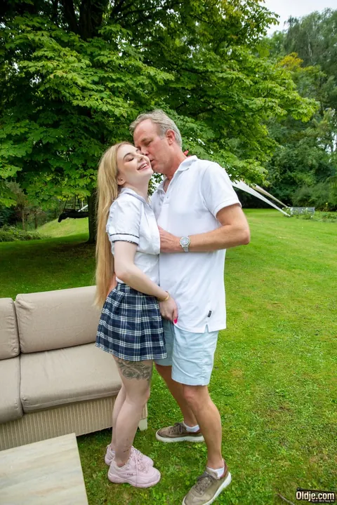 Petite Blonde Gives a Blowjob to Older Man Outdoors – photo 12 of 20