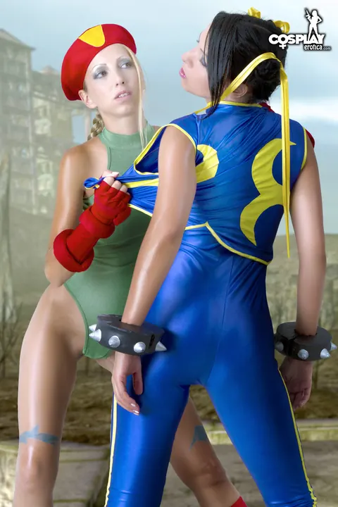 Angela Blanche: Thick Brunette Lesbians in Costumes Lick and Finger Outdoors – photo 3 of 12