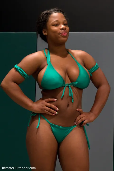 Audrey Rose: Busty Ebony MILF and Petite African Brunette Wrestle in Bondage Bikinis – photo 3 of 21