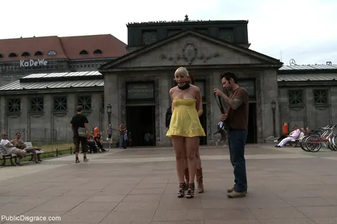 Uma Masome: Short-Haired Blonde Bound in a Dress and Heels Outdoors – photo 20 of 21