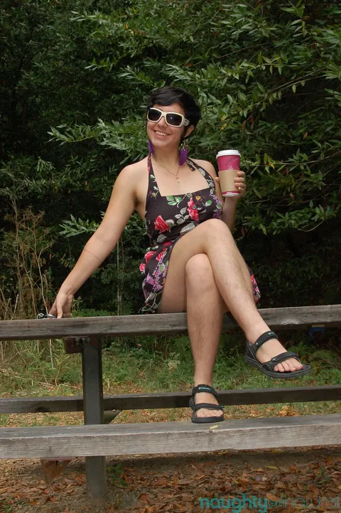 Nikki Silver: Brunette MILF Strips in the Forest and Spreads Her Hairy Pussy – photo 1 of 21