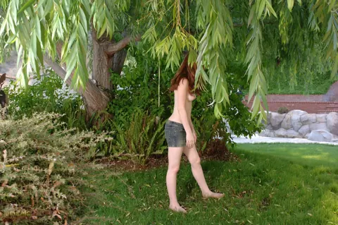 Ruby Flame: Thick Redhead with Natural Tits Spreads Her Shaved Pussy Outdoors – photo 6 of 16