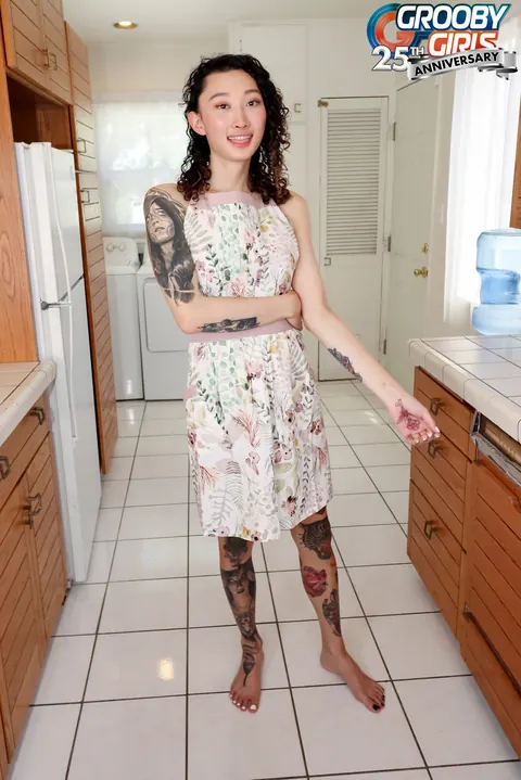 Tattooed Trans Woman Masturbates in the Kitchen – photo 1 of 16