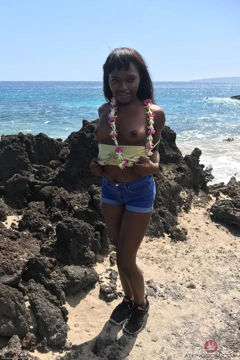 Noemie Bilas: Slim Ebony Brunette in Shorts Shows Her Tits and Spreads – photo 7 of 20