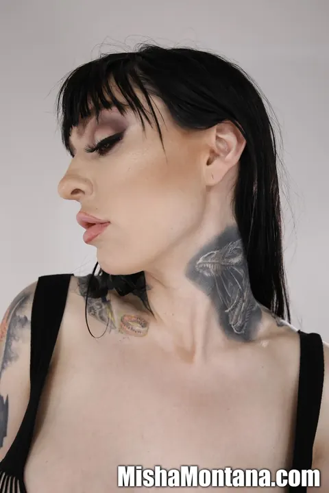 Misha Montana: Tattooed Brunette with Big Tits Strips and Spreads Her Pierced Pussy – photo 8 of 12