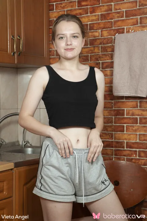 Vieta Angel: Russian Brunette Spreads and Fingers Her Pussy in the Kitchen – photo 2 of 20