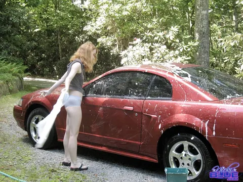 Nicki Blue: Busty Blonde Washes Her Red Mustang at a Car Wash in Panties – photo 14 of 15