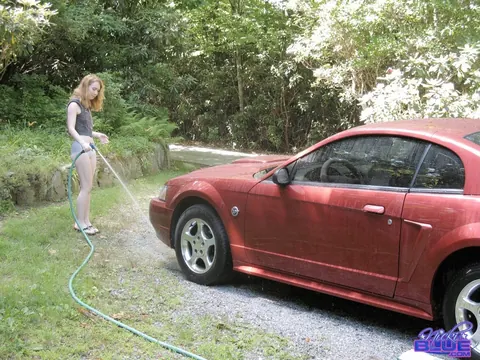 Nicki Blue: Busty Blonde Washes Her Red Mustang at a Car Wash in Panties – photo 12 of 15