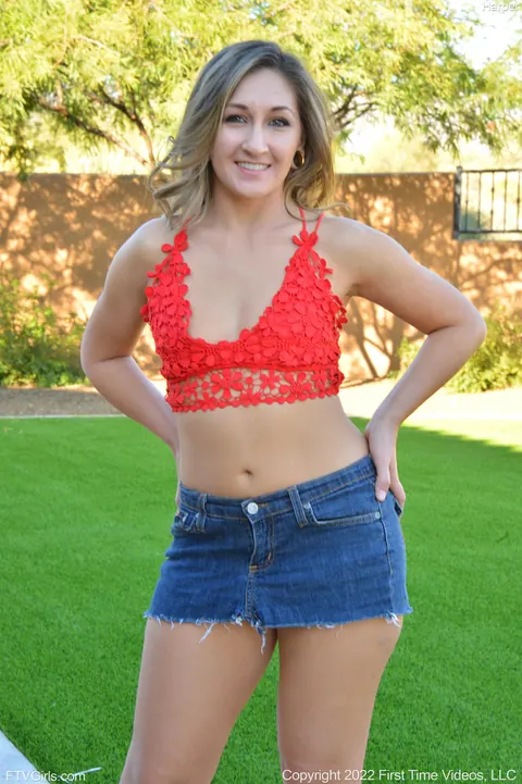 Blonde in a Bikini and Skirt Masturbates with Double Dildo Outside – photo 4 of 21