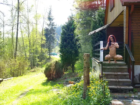 Layla B: Skinny Curly Brunette with Big Natural Tits Spreads in the Forest – photo 9 of 21