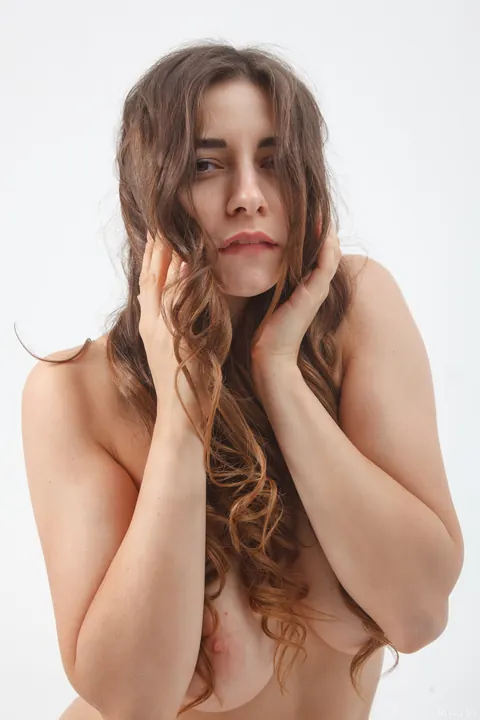 Elle Mira: European Curly Brunette Shows Her Big Natural Tits in Stockings – photo 1 of 21